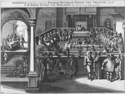 Abbildung, wie der neue Stadthalter, Fredrick Hendrick, Prinz von Oranien, den Eid an die G.M. Herren Staaten von Holland ablegt und zur Rolle geht. Frederik Hendrik legt den Eid als Stadthalter ab und nimmt 1625 in den Staaten von Holland Platz von Unknown
